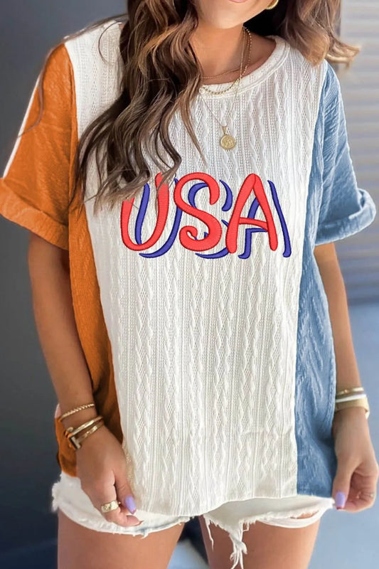 USA Embroidered Colorblock Cable Knit Tee