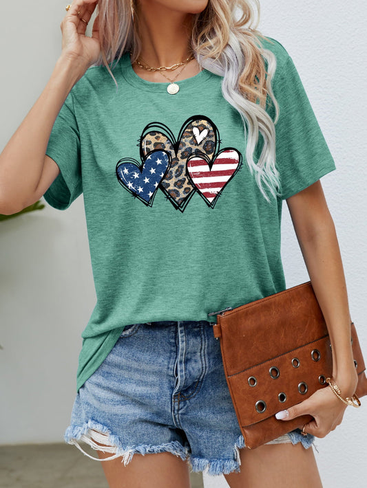 Triple Heart Patriotic Tee – Stars, Stripes & Leopard Print Graphic Shirt