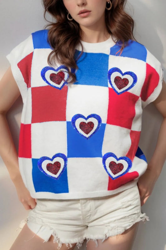 Sequin Stars & Hearts Checkered Knit Tank – Red, White & Blue