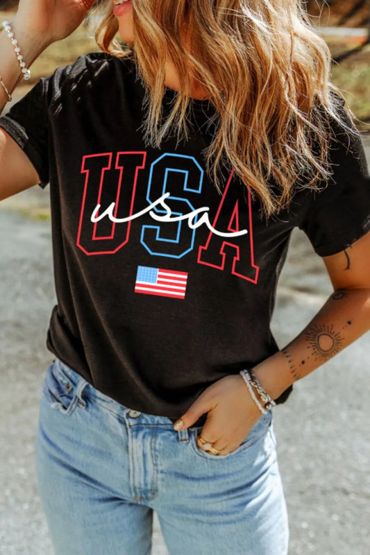 Retro Script USA Flag Tee – Black