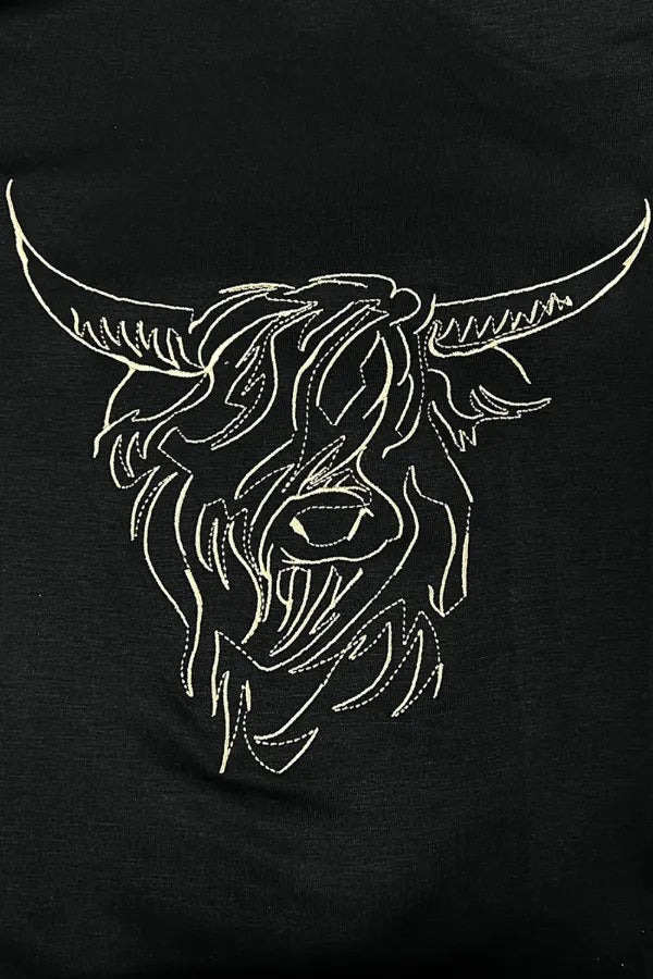 Gold Highland Cow Embroidered Silhouette Tee – Black