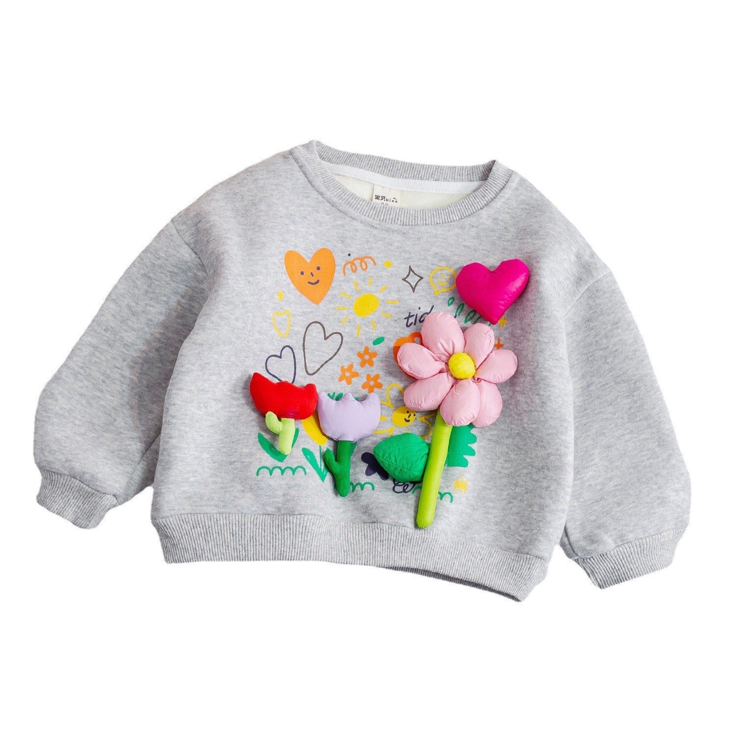 Gray children's sweatshirt with colorful floral and heart designs on a white background