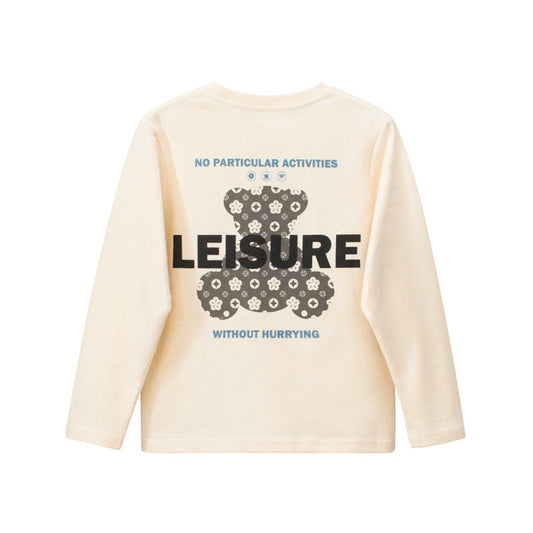 Beige long-sleeve shirt with text and floral design on a white background