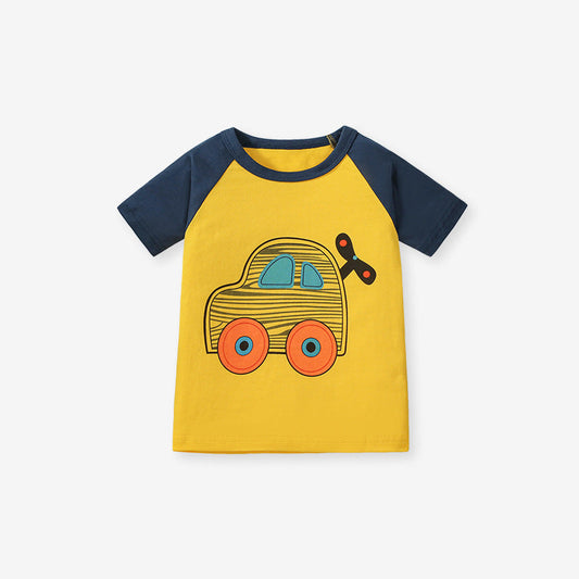 Yellow and navy children's t-shirt with a car design on a white background