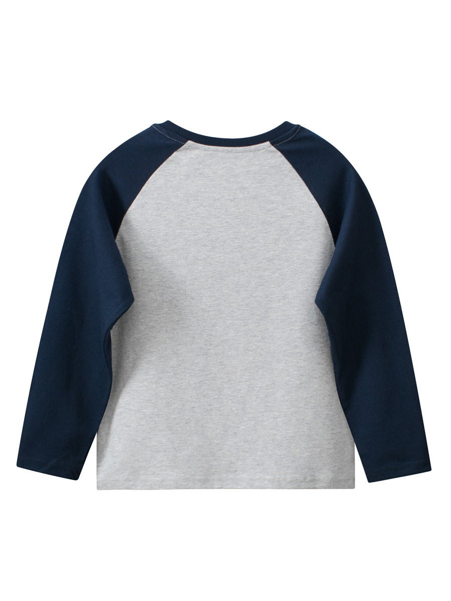 Long-sleeve shirt with navy sleeves and gray body on a white background