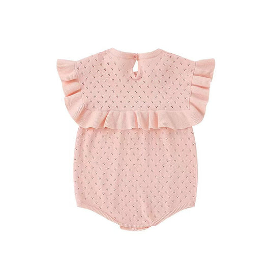 Pink baby romper with ruffled sleeves on a white background