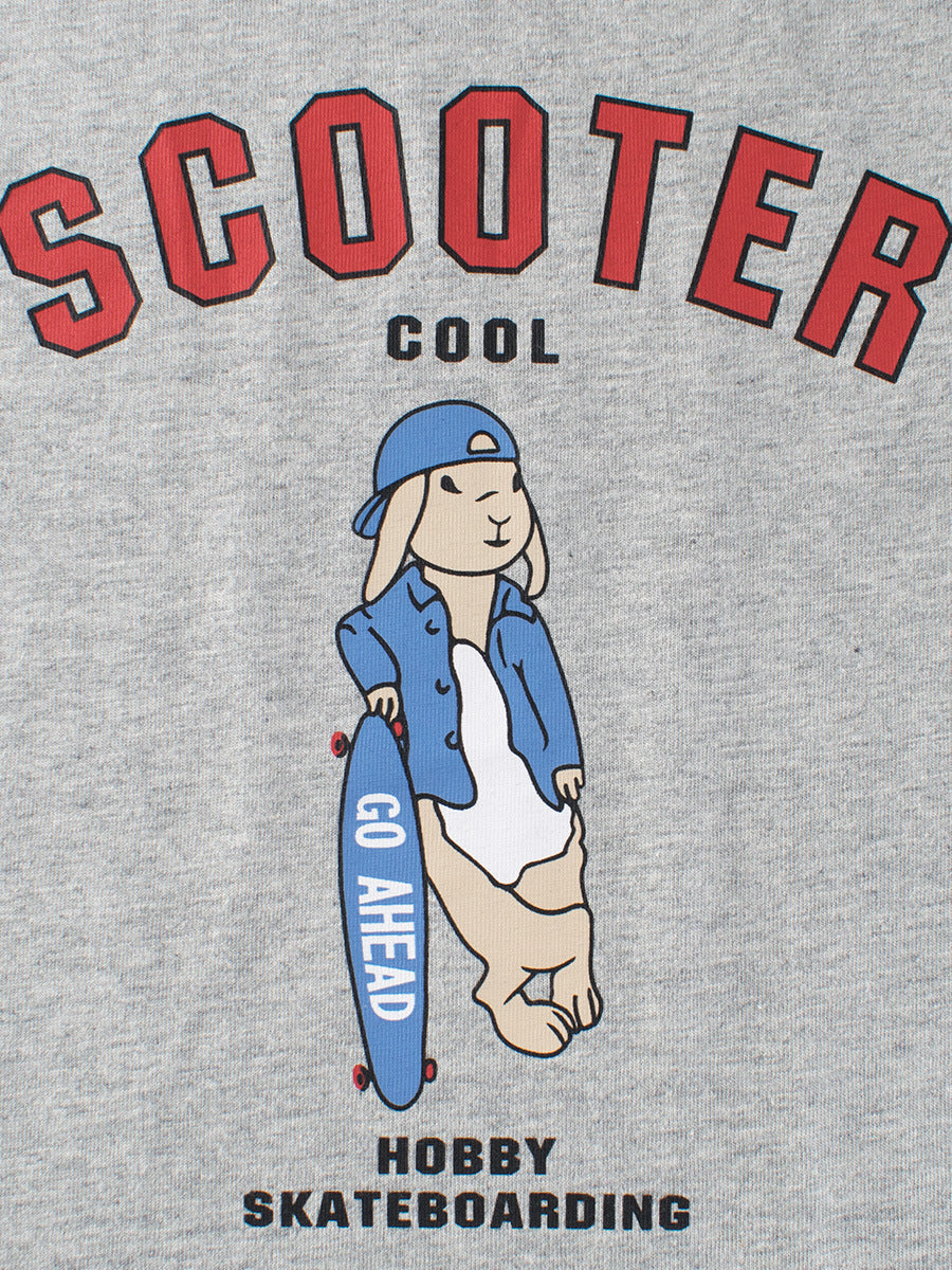 Gray sweatshirt with cartoon character holding a skateboard and text 'Scooter Cool Hobby Skateboarding' on a gray background