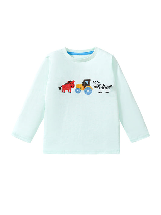 Farm Animals and Tractor Long Sleeve Tee - Mint