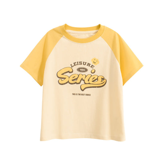Yellow and beige t-shirt with text on a white background