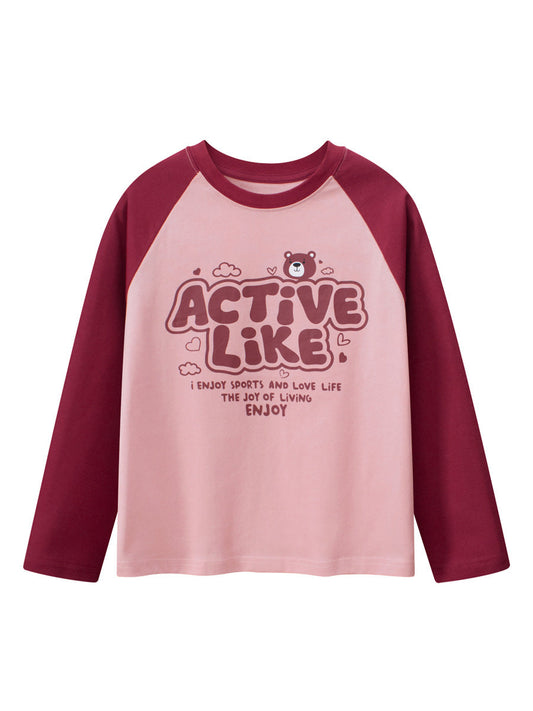 Pink and maroon long-sleeve shirt with 'Active Like' text on a white background