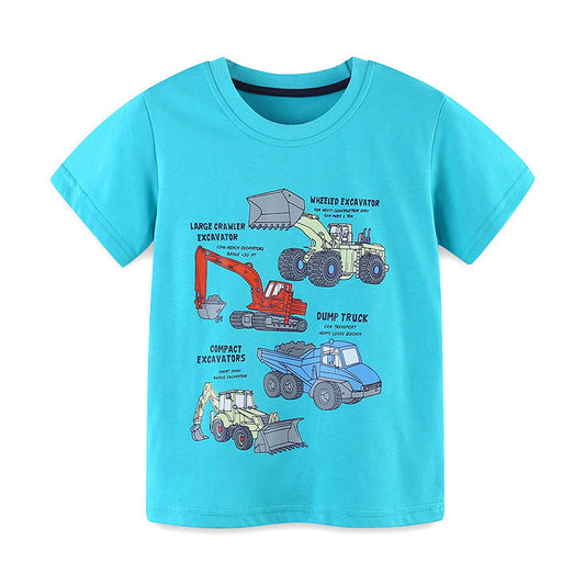 Excavators and Truck Cartoon Pattern T-shirt