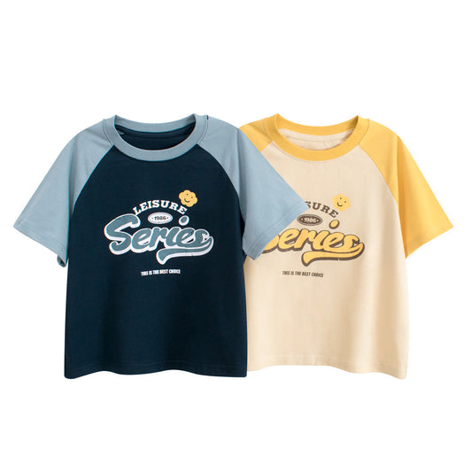 Two children's t-shirts with 'Leisure Series' text on a white background