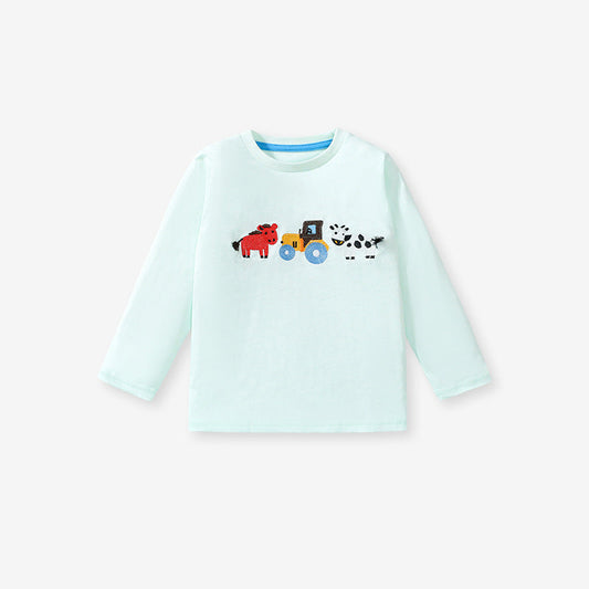Farm Animals and Tractor Long Sleeve Tee - Mint