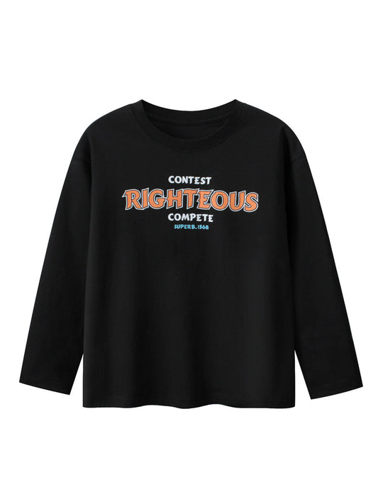 Black long-sleeve shirt with text on a white background
