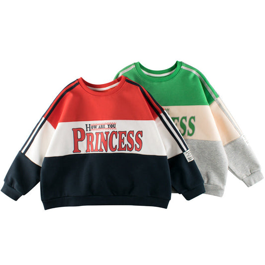 Two children's sweatshirts, one with 'How are you Princess' text, on a white background.