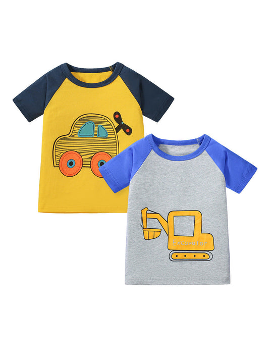 Two children's t-shirts with vehicle designs on a white background