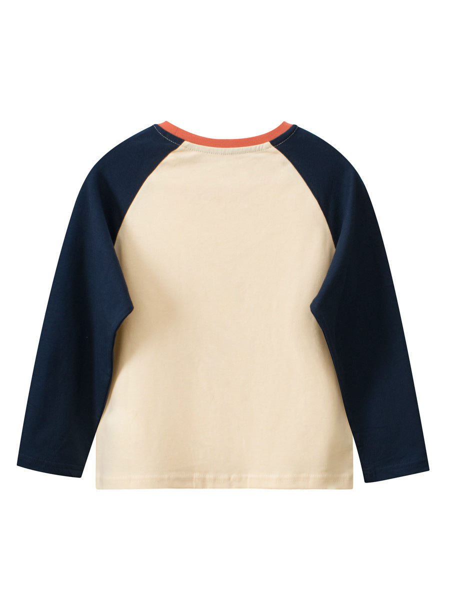 Beige shirt with navy sleeves and red collar on a white background