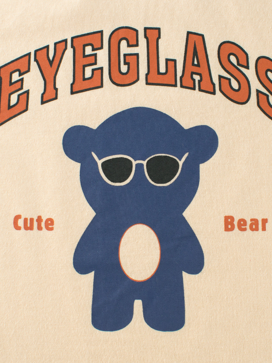 Beige background with blue bear wearing sunglasses and text 'Eyeglasses Cute Bear' on a beige background